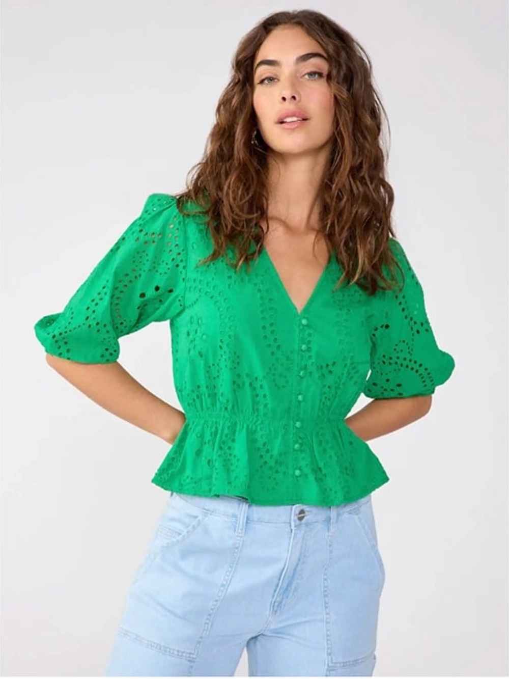 Sanctuary Emerald Eyelet V-Neck Peplum Blouse 100% Cotton